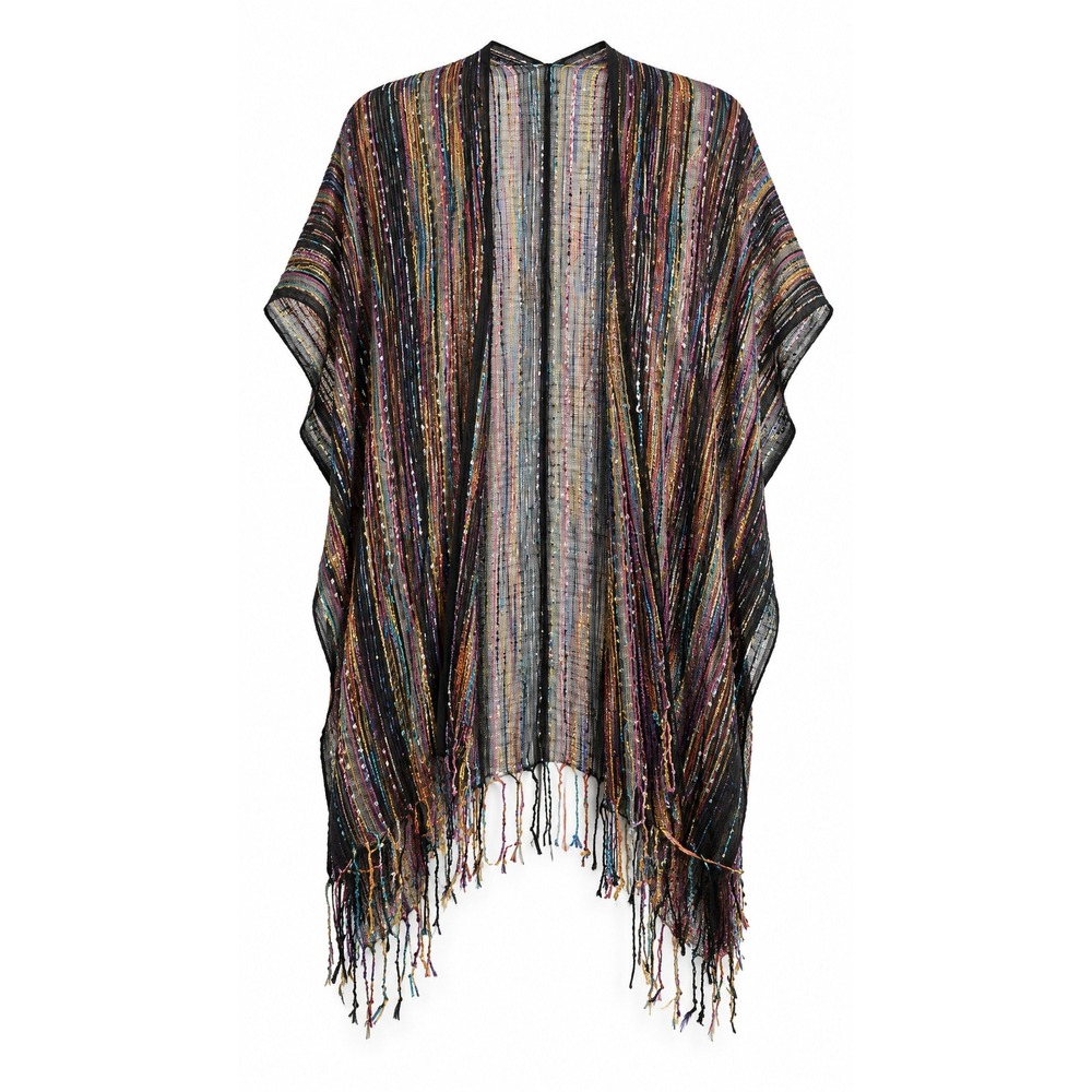 Jessica McClintock Kimono Wrap OS Multicolor Metallic Stripe Fringe Boho Shimmer